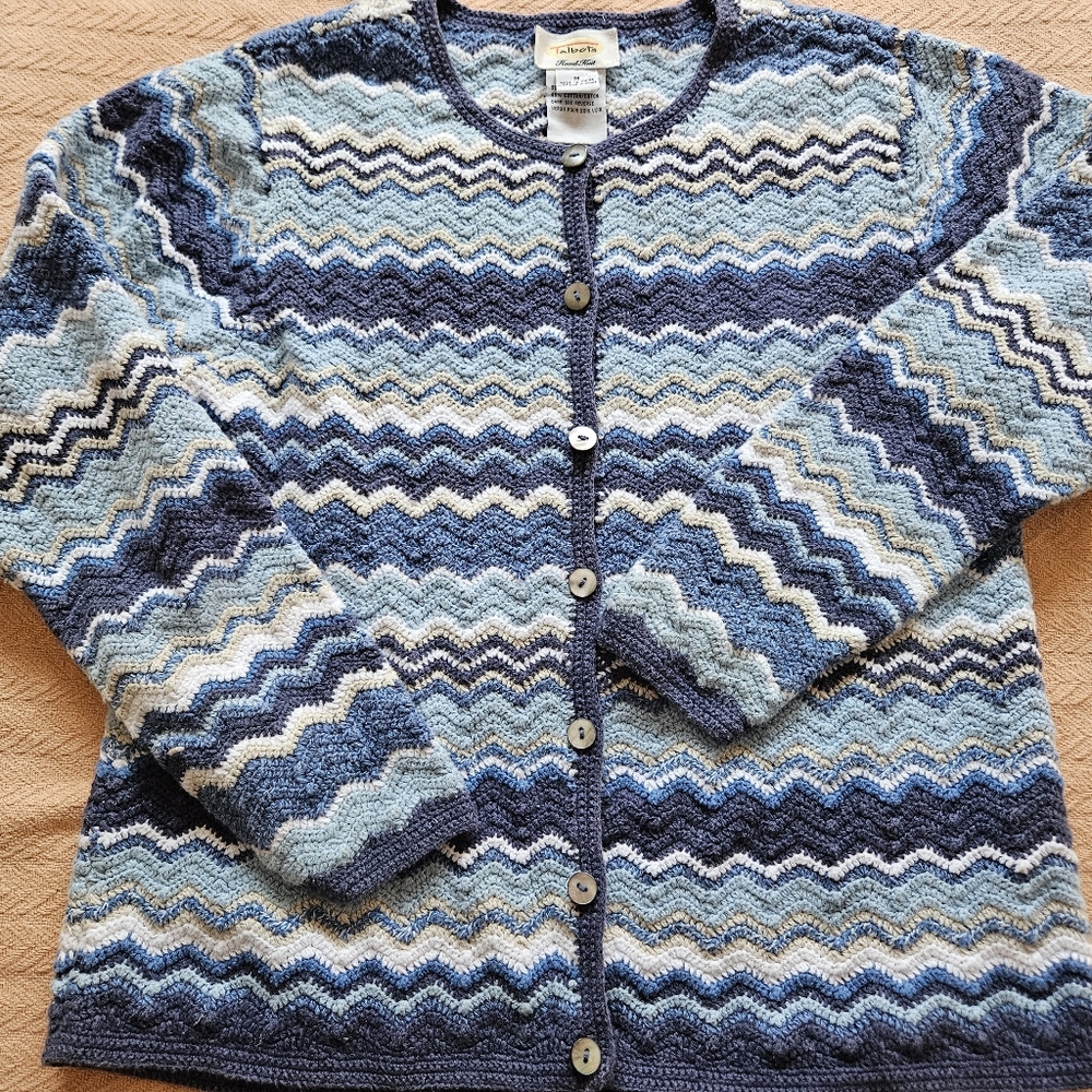 Talbots Blue and Cream Zigzag Cardigan
